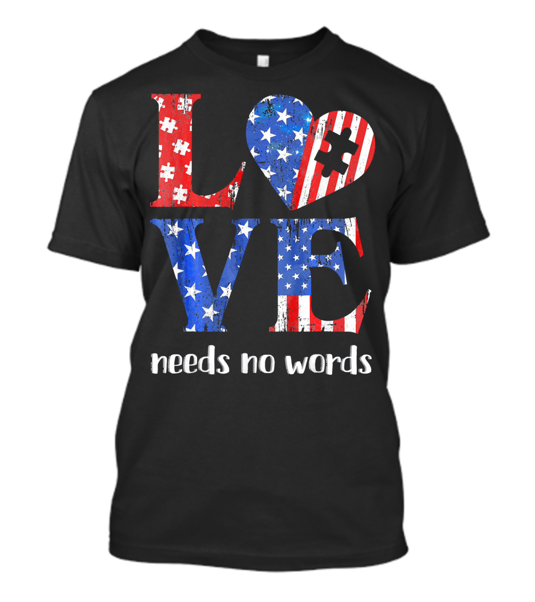 Love Needs No Words Autism Awareness American Flag Puzzle T-Shirt