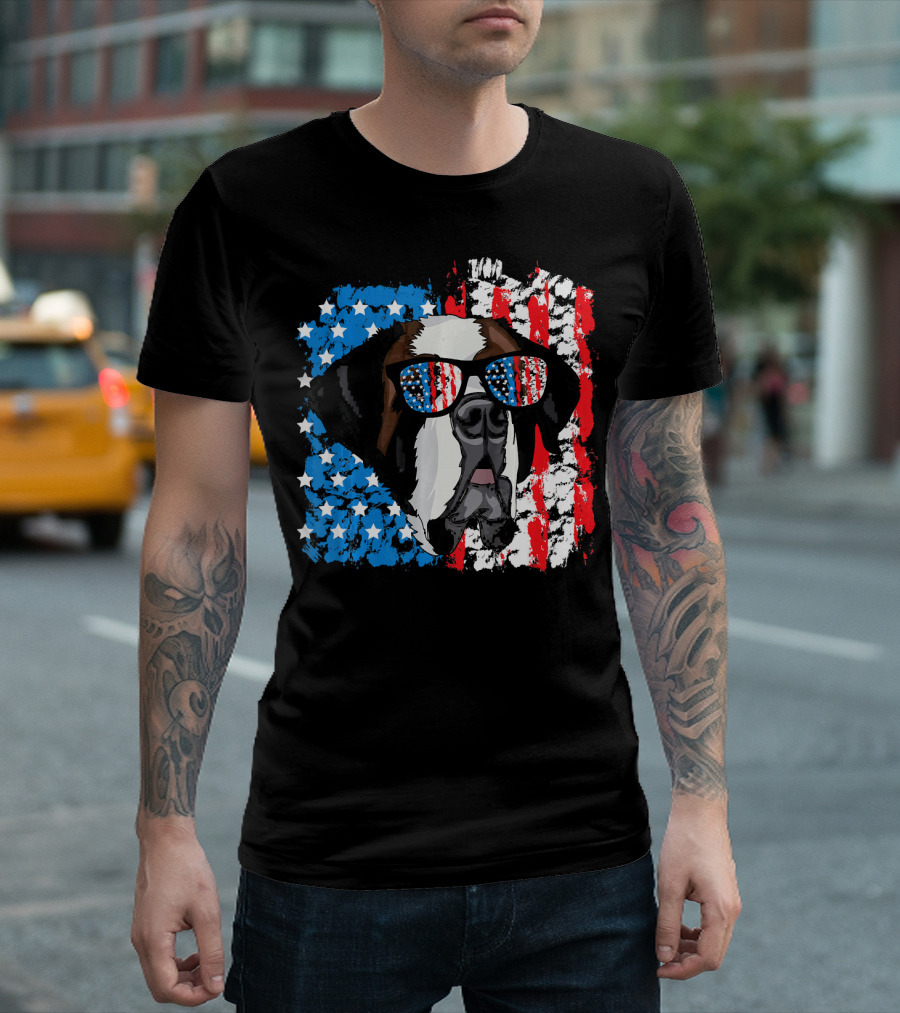 4th Of July Dog Patriotic Saint Bernard With American Flag Sunglasses T-Shirt