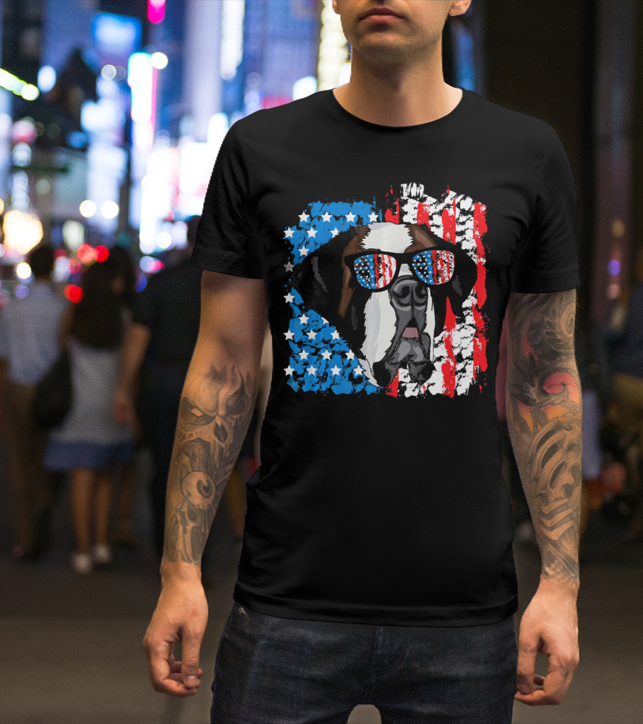 4th Of July Dog Patriotic Saint Bernard With American Flag Sunglasses T-Shirt