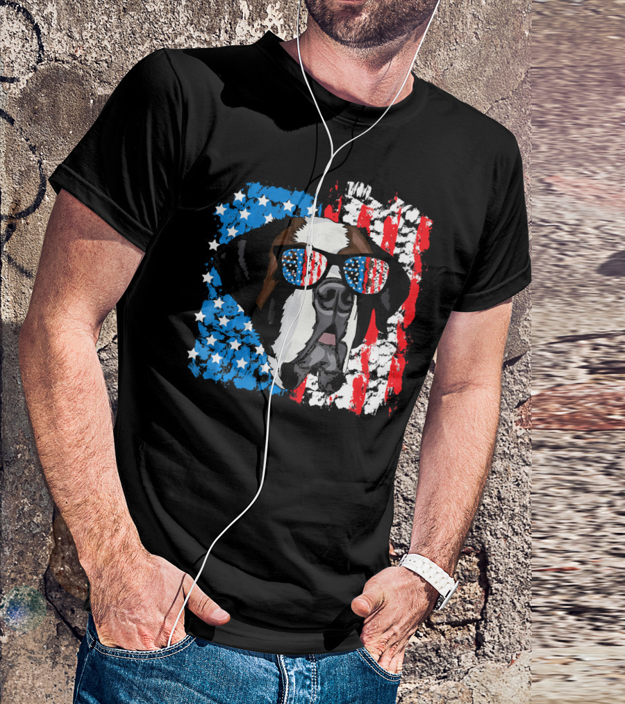 4th Of July Dog Patriotic Saint Bernard With American Flag Sunglasses T-Shirt