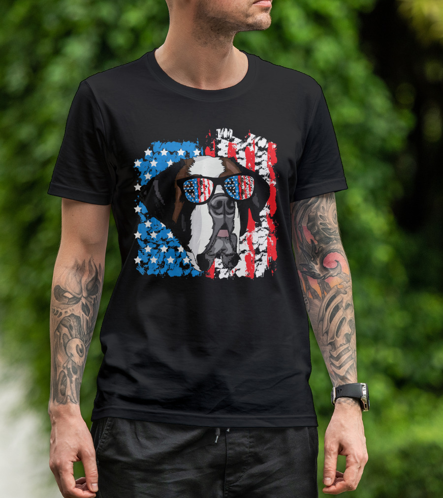 4th Of July Dog Patriotic Saint Bernard With American Flag Sunglasses T-Shirt