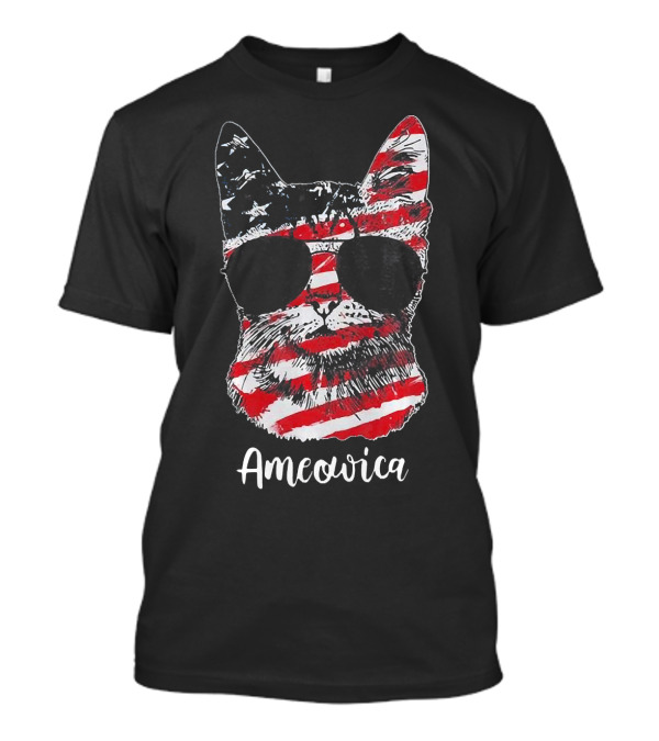 Ameowica Cat Wearing American Flag Pattern With Sunglasses T-Shirt