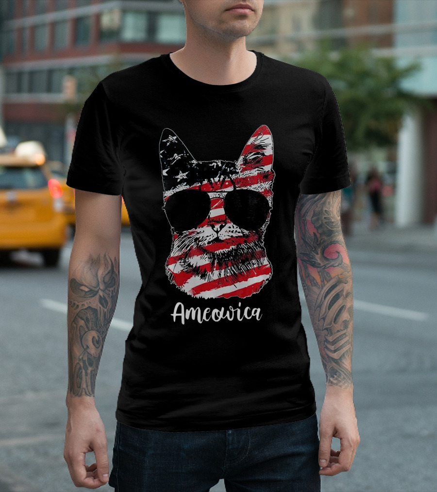 Ameowica Cat Wearing American Flag Pattern with Sunglasses T-Shirt