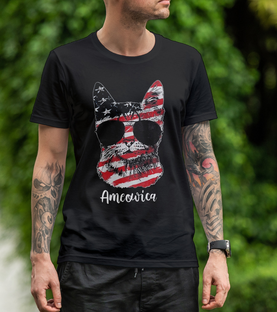 Ameowica Cat Wearing American Flag Pattern With Sunglasses T-Shirt