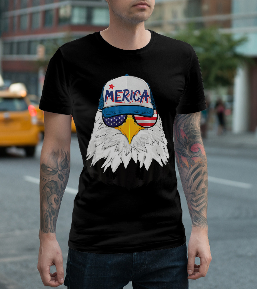 American Bald Eagle Merica Cap USA Flag Shades 4th Of July T-Shirt