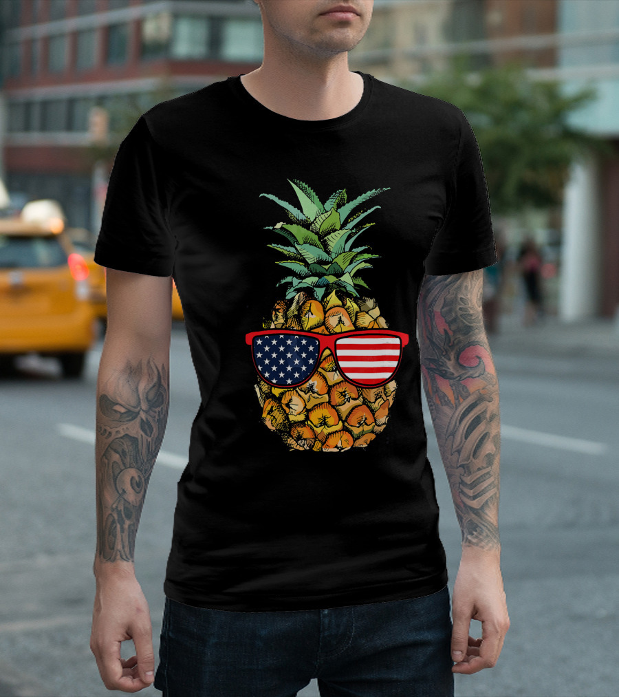 Funny Pineapple With American Flag Glasses Fourth of July T-Shirt