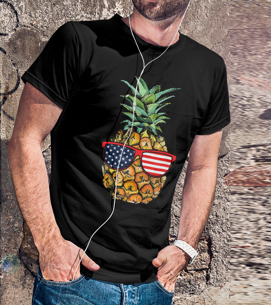 Funny Pineapple With American Flag Glasses Fourth Of July T-Shirt