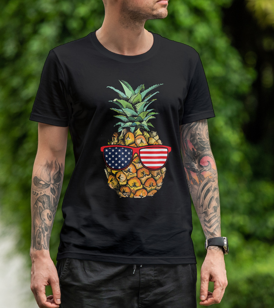 Funny Pineapple With American Flag Glasses Fourth Of July T-Shirt