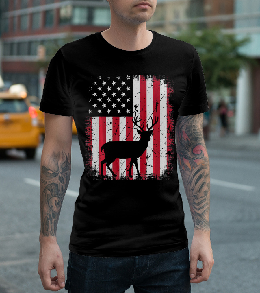 Vintage Deer USA American Flag Fourth Of July T-Shirt
