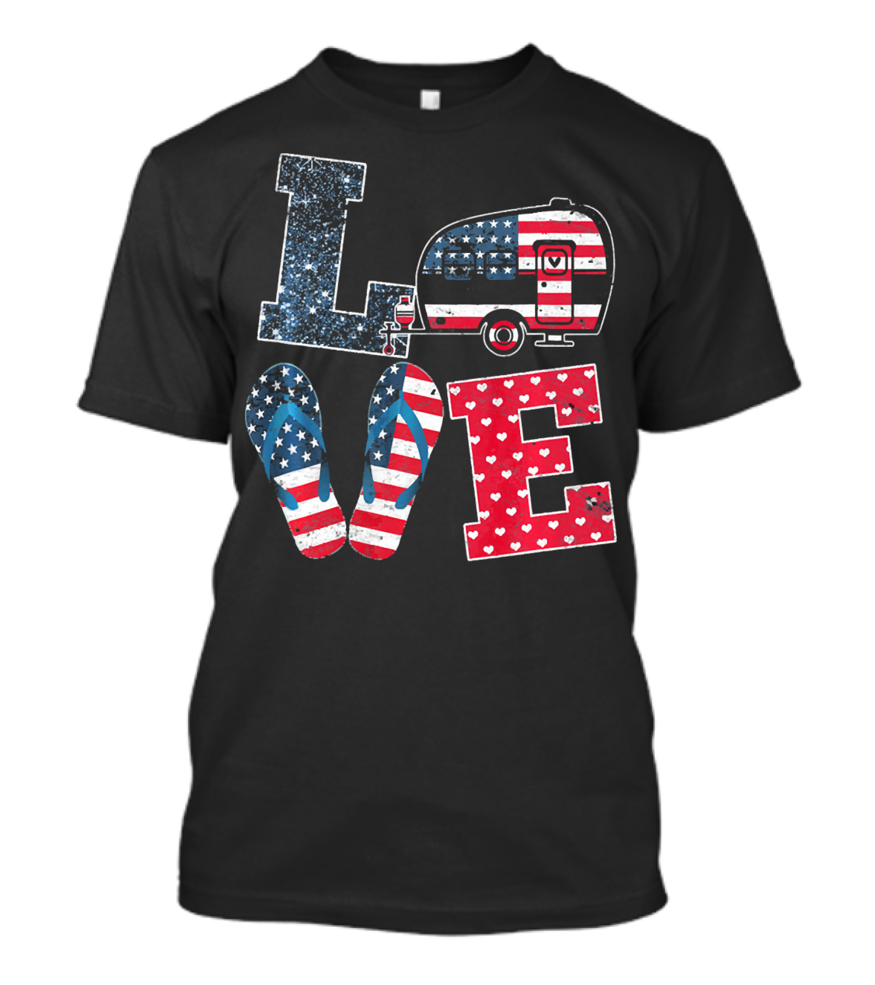 Love Camping USA Flag July 4th Flip Flops Camper T-Shirt