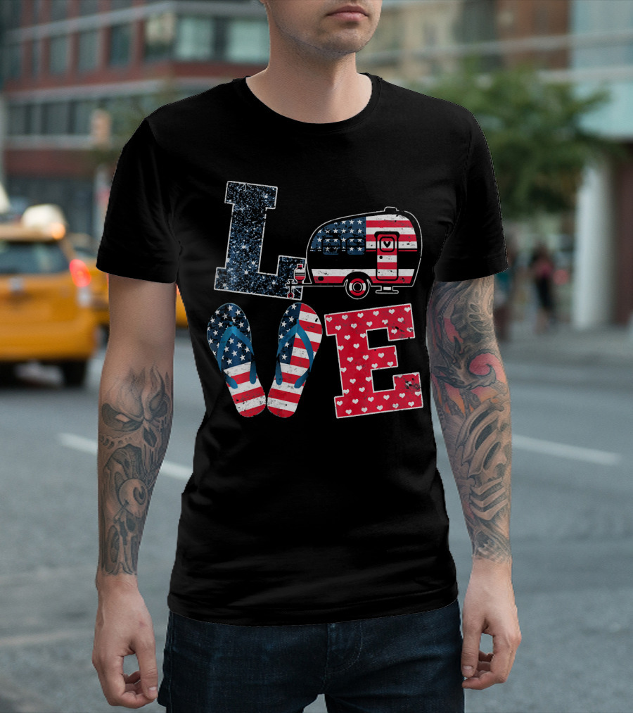 Love Camping USA Flag July 4th Flip Flops Camper T-Shirt