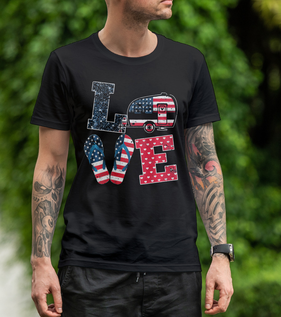 Love Camping USA Flag July 4th Flip Flops Camper T-Shirt