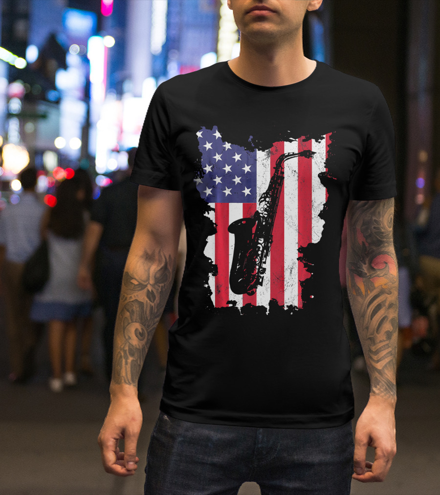 Saxophone USA Flag America Instrument T-Shirt