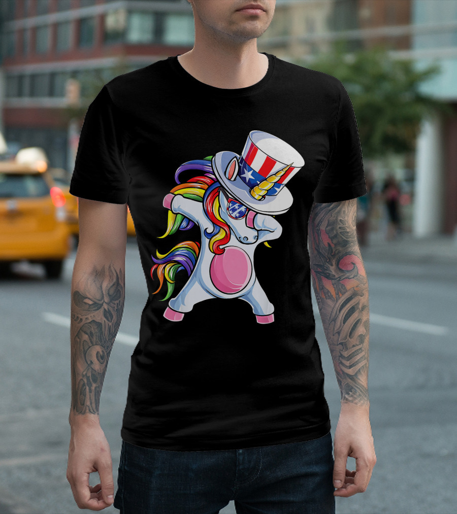 Dabbing Unicorn with Patriotic Uncle Sam Hat and Rainbow Mane T-Shirt