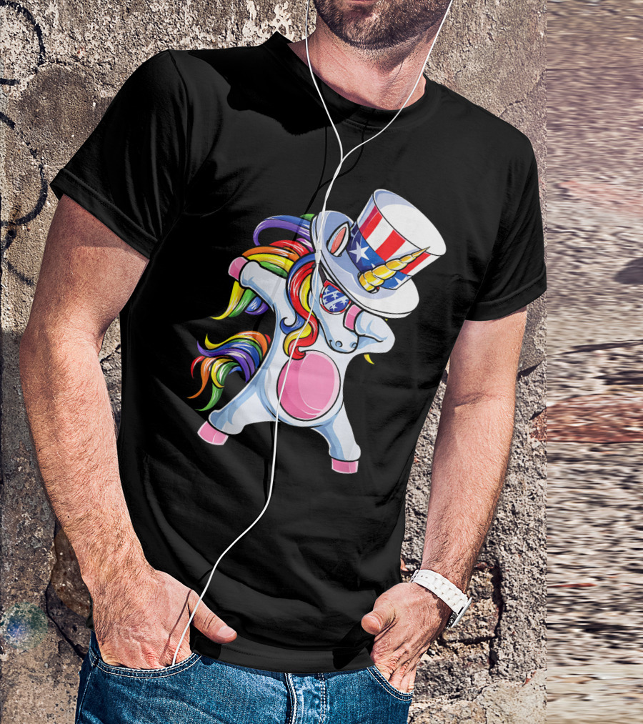 Dabbing Unicorn With Patriotic Uncle Sam Hat And Rainbow Mane T-Shirt