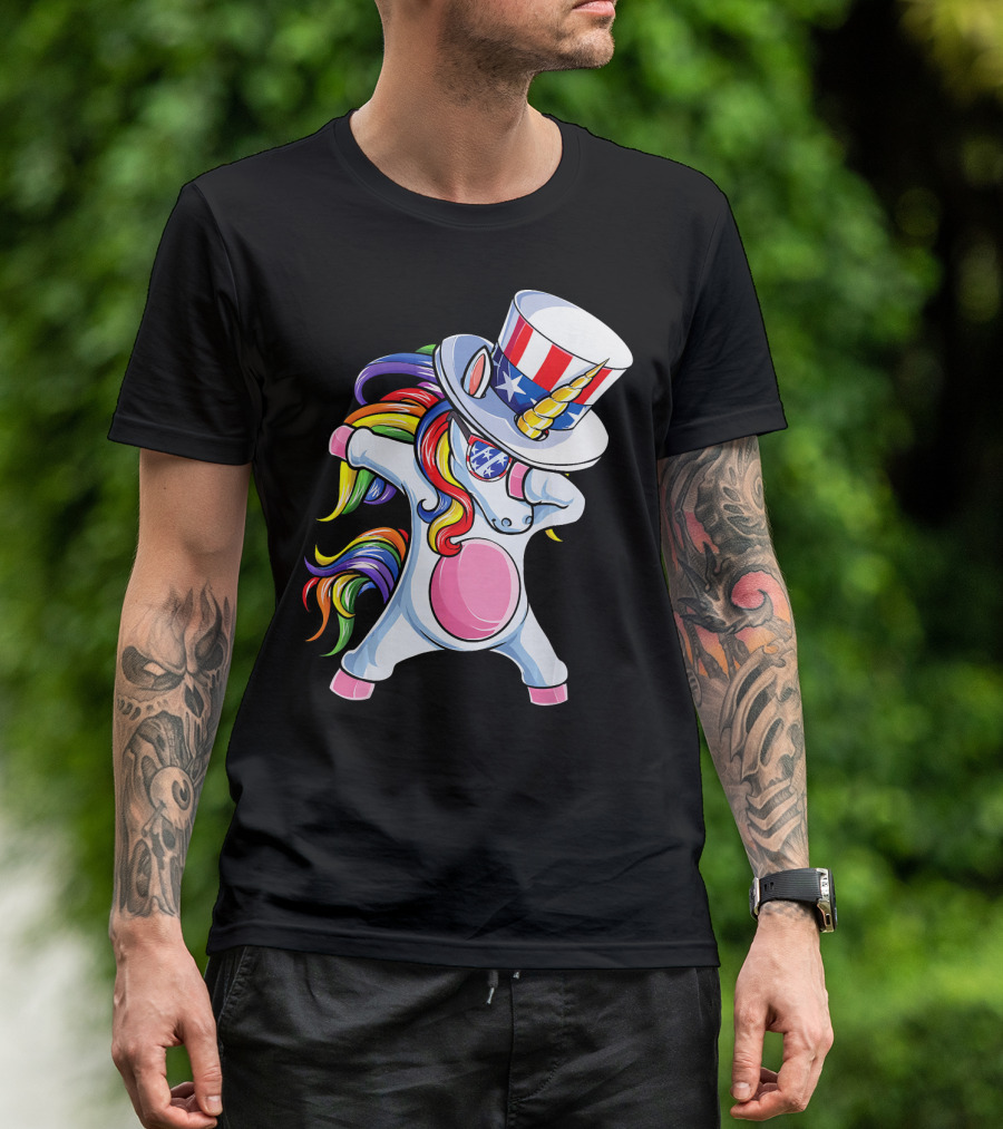 Dabbing Unicorn With Patriotic Uncle Sam Hat And Rainbow Mane T-Shirt