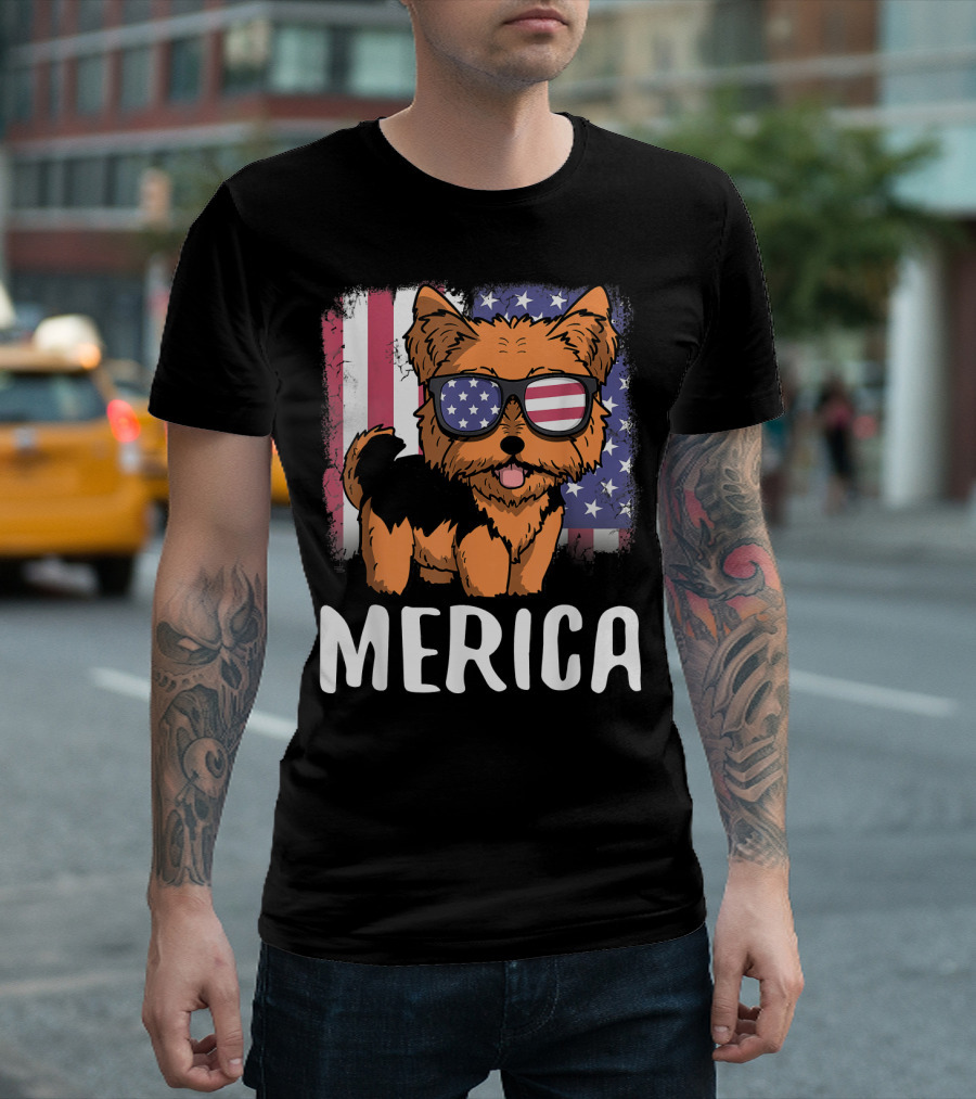 Merica Yorkie Dog American Flag Sunglasses USA T-Shirt
