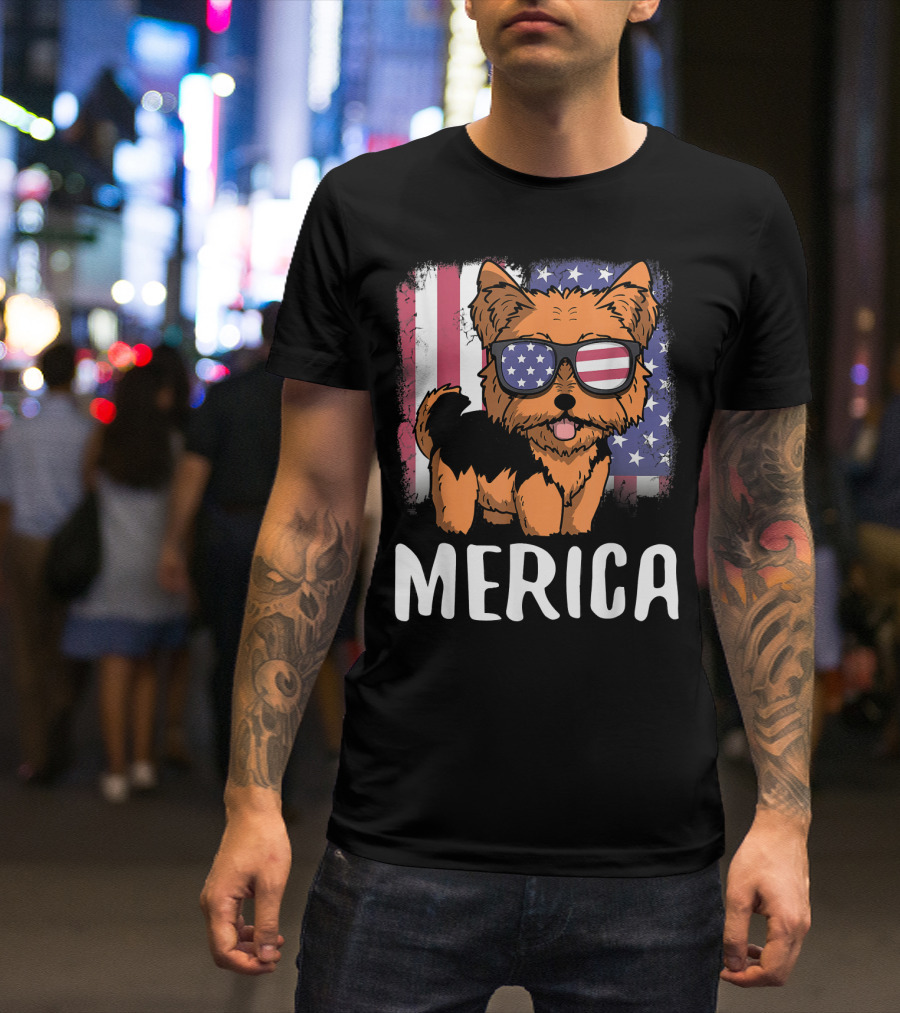 Merica Yorkie Dog American Flag Sunglasses USA T-Shirt