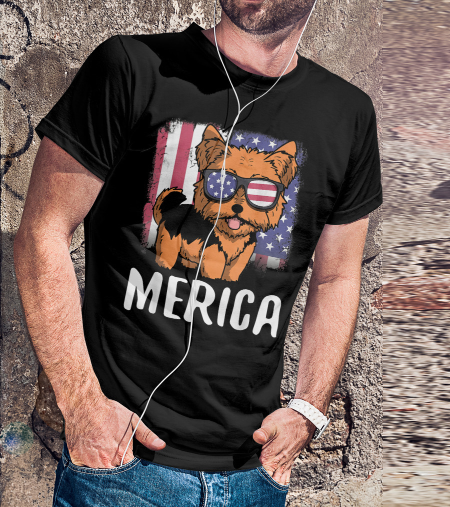 Merica Yorkie Dog American Flag Sunglasses USA T-Shirt