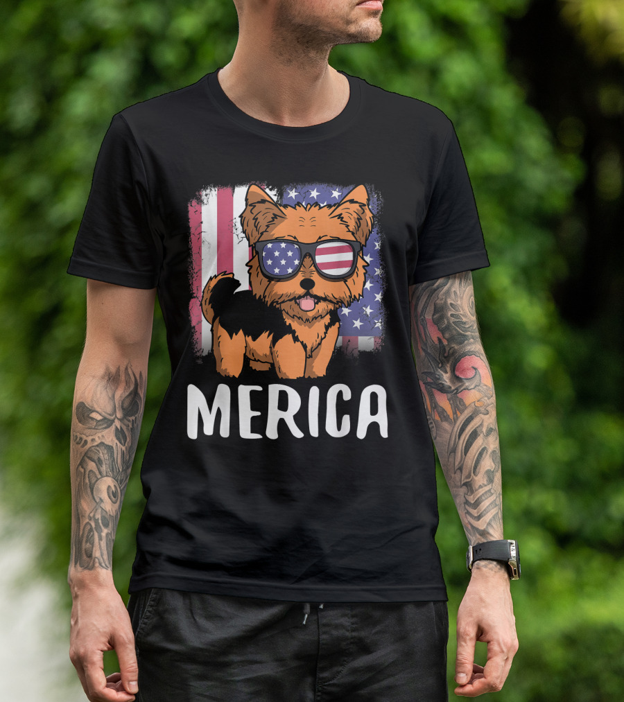 Merica Yorkie Dog American Flag Sunglasses USA T-Shirt