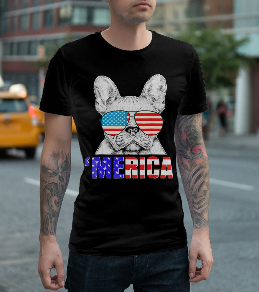 Funny French Bull Dog 'Merica With American Flag Sunglasses T-Shirt