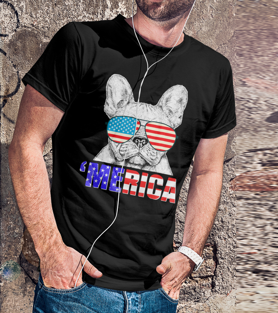 Funny French Bull Dog 'Merica With American Flag Sunglasses T-Shirt