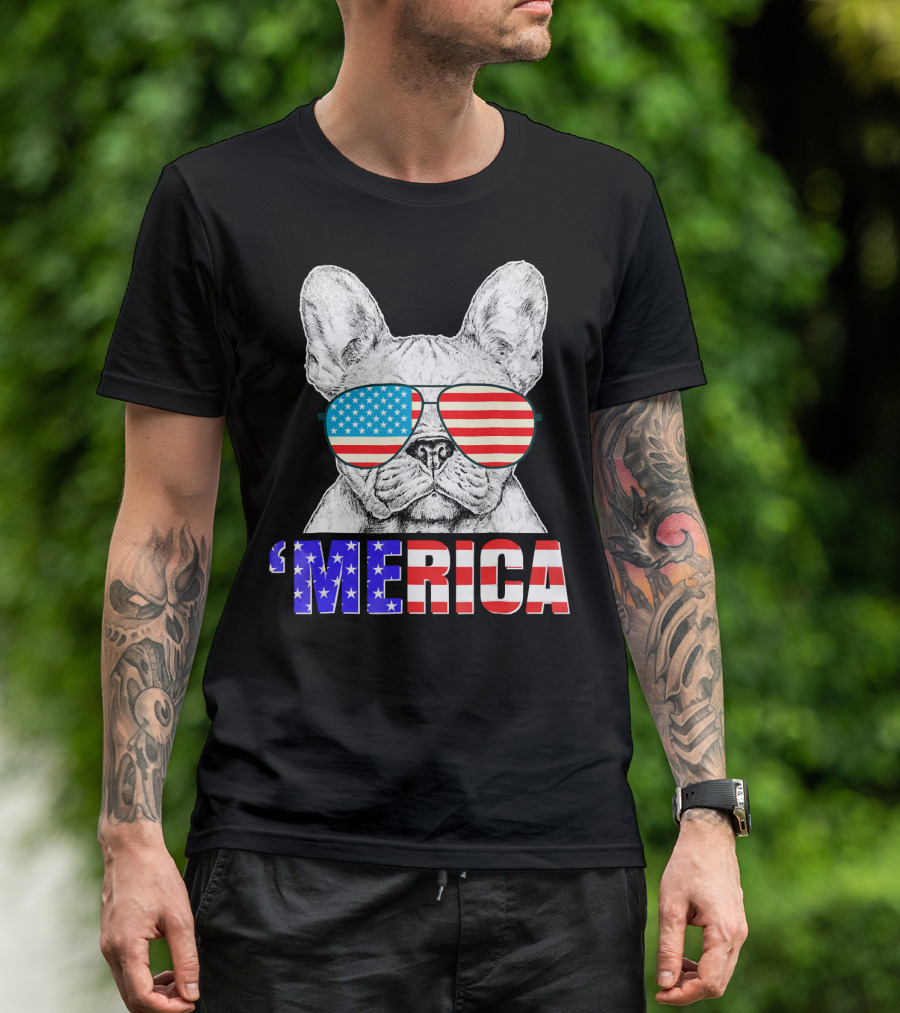 Funny French Bull Dog 'Merica With American Flag Sunglasses T-Shirt