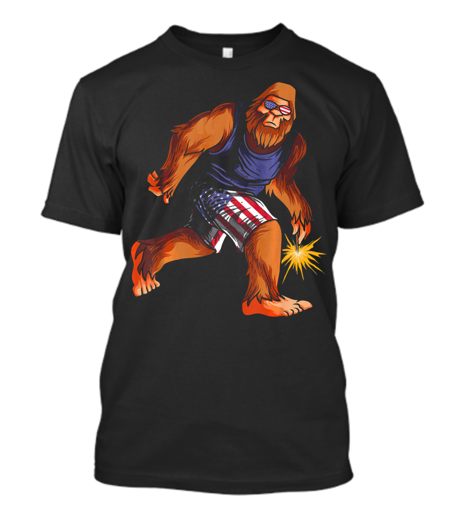 Bigfoot In American Flag Shorts With Fourth Of July Sparkler T-Shirt