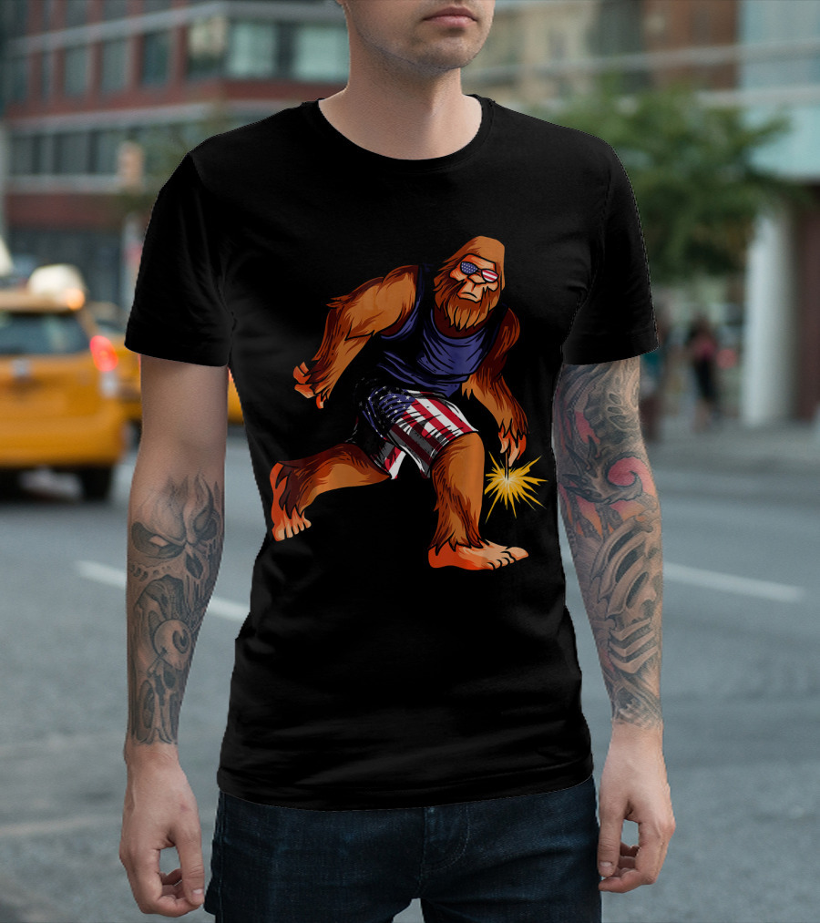 Bigfoot in American Flag Shorts with Fourth of July Sparkler T-Shirt