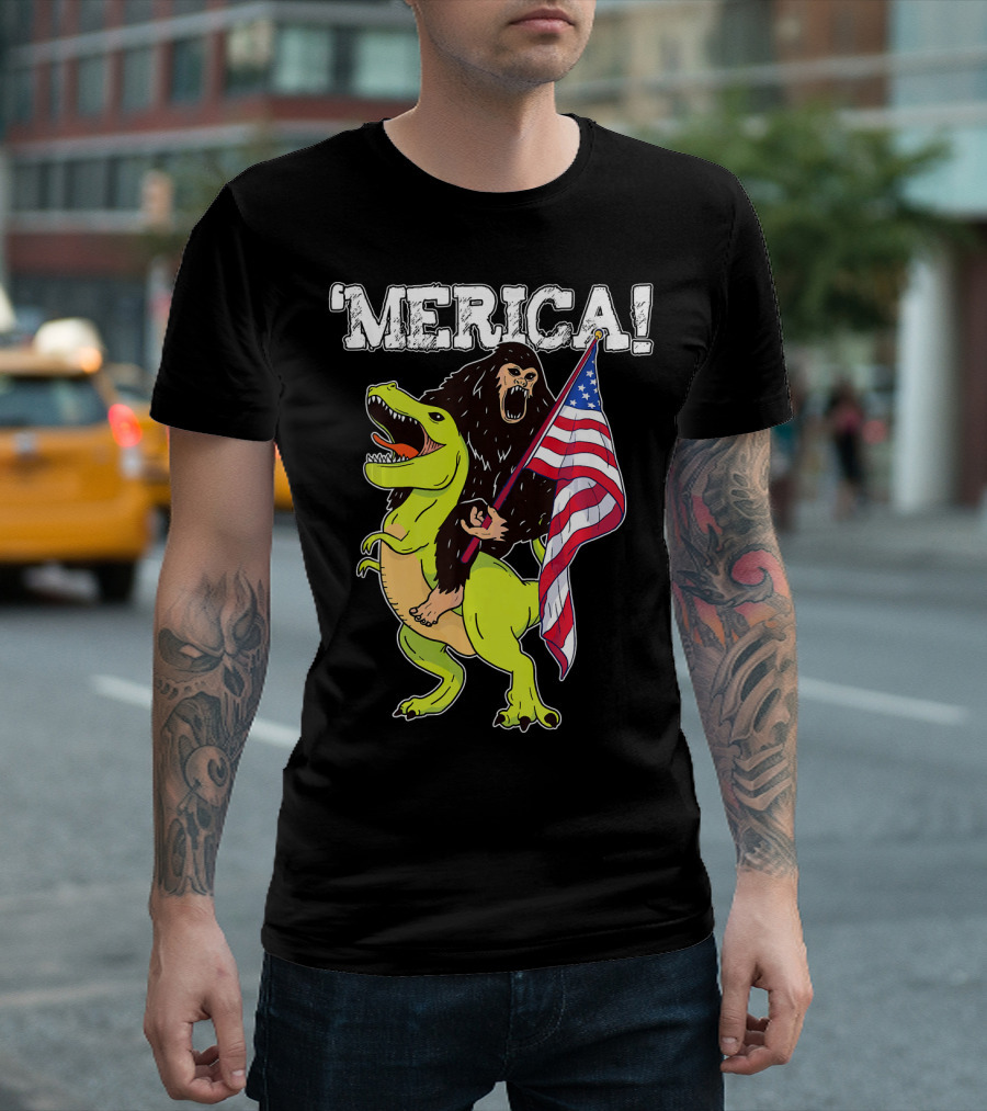 'Merica Bigfoot Dinosaur Fourth of July Patriot T-Shirt