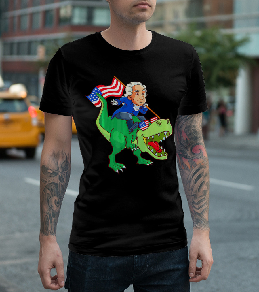 George Washington Riding Rex Dinosaur With American Flag And Sunglasses T-Shirt