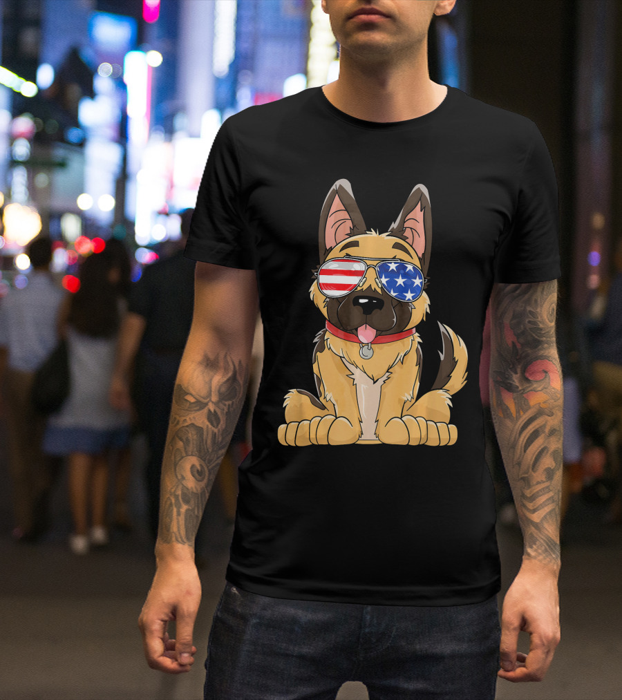German Shepherd USA Flag Sunglasses T-Shirt