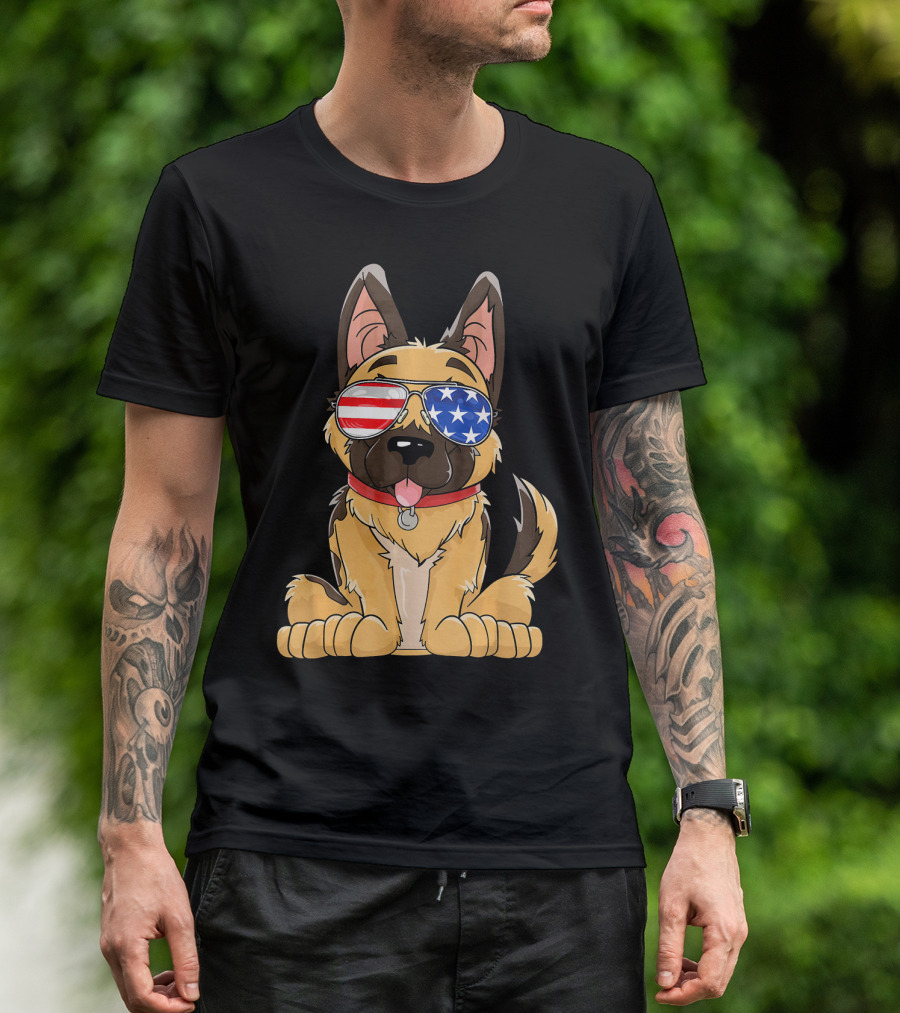 German Shepherd USA Flag Sunglasses T-Shirt
