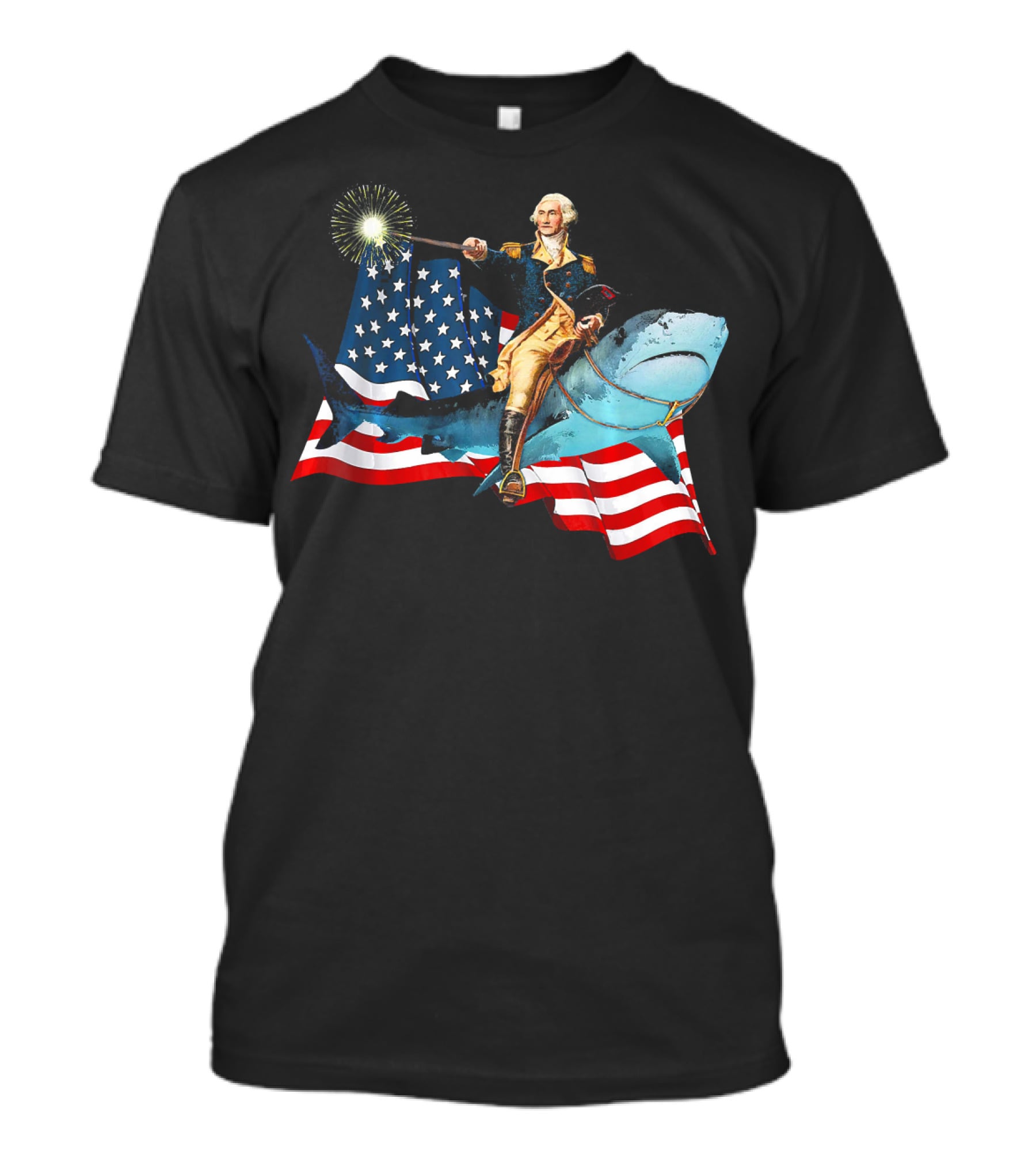 George Washington Patriotically Riding Shark With American Flag T-Shirt