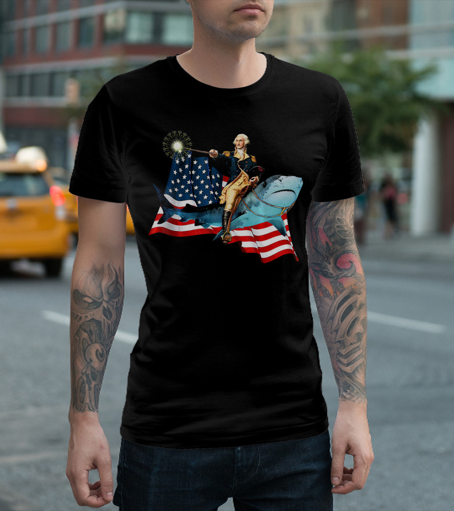 George Washington Patriotically Riding Shark with American Flag T-Shirt