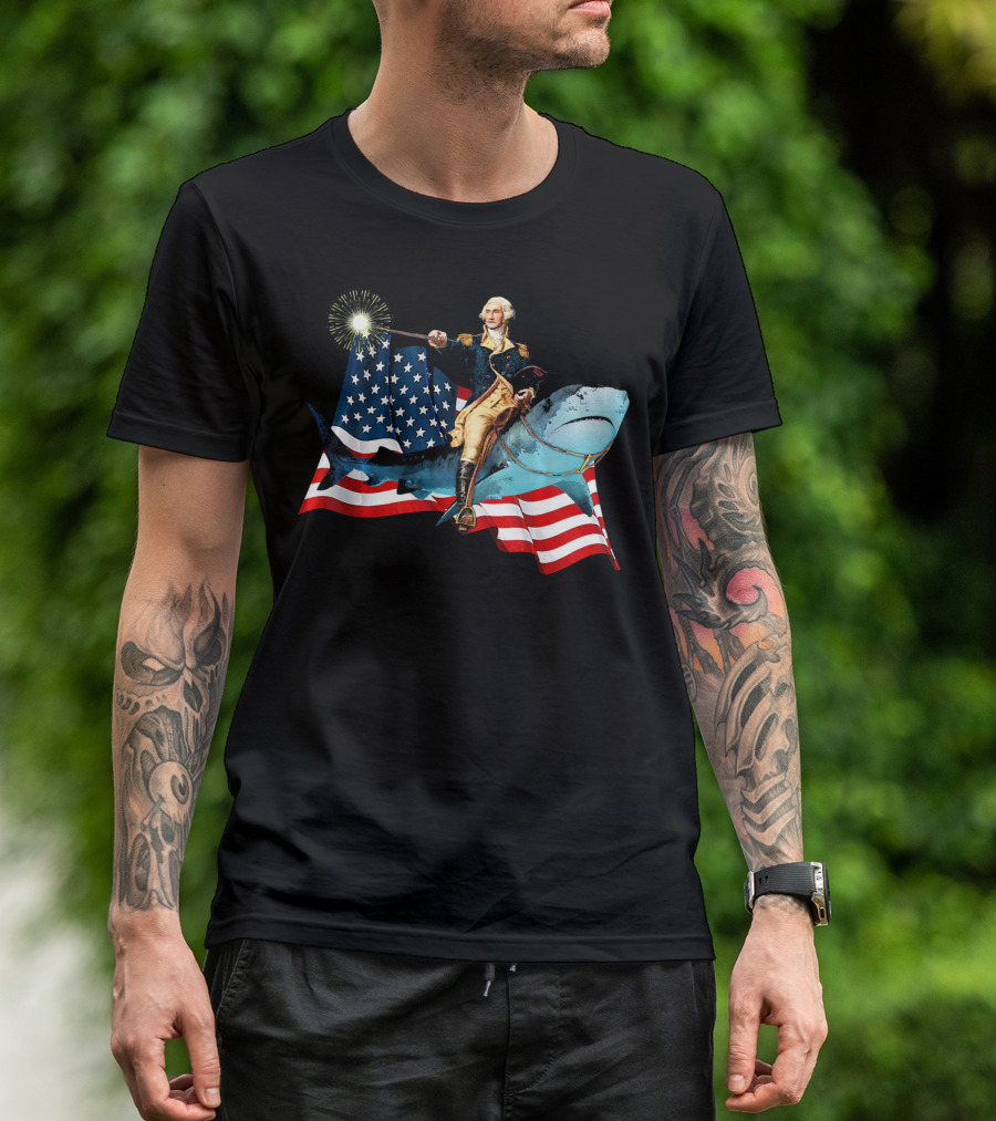 George Washington Patriotically Riding Shark With American Flag T-Shirt