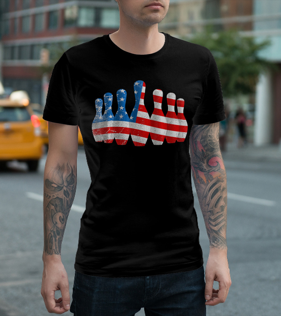 American Flag Bowling Pins Patriotic Bowler T-Shirt