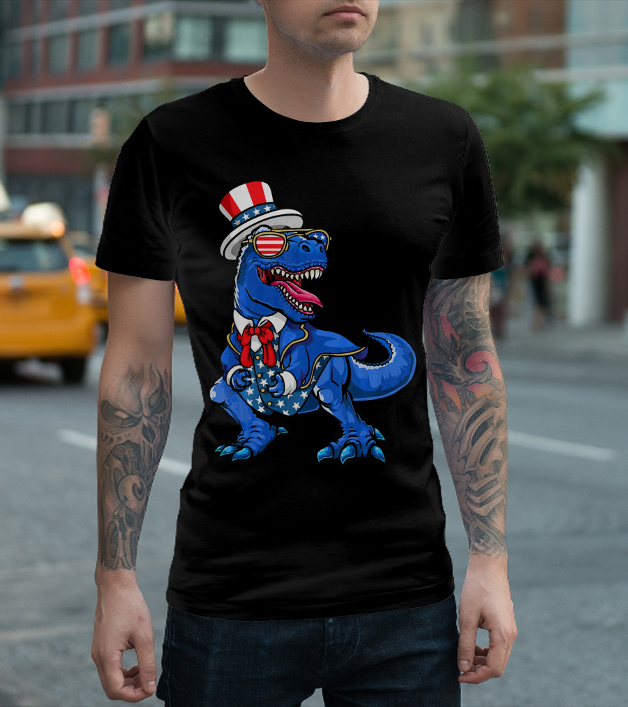 Patriotic Dinosaur with American Flag Hat and Glasses T-Shirt