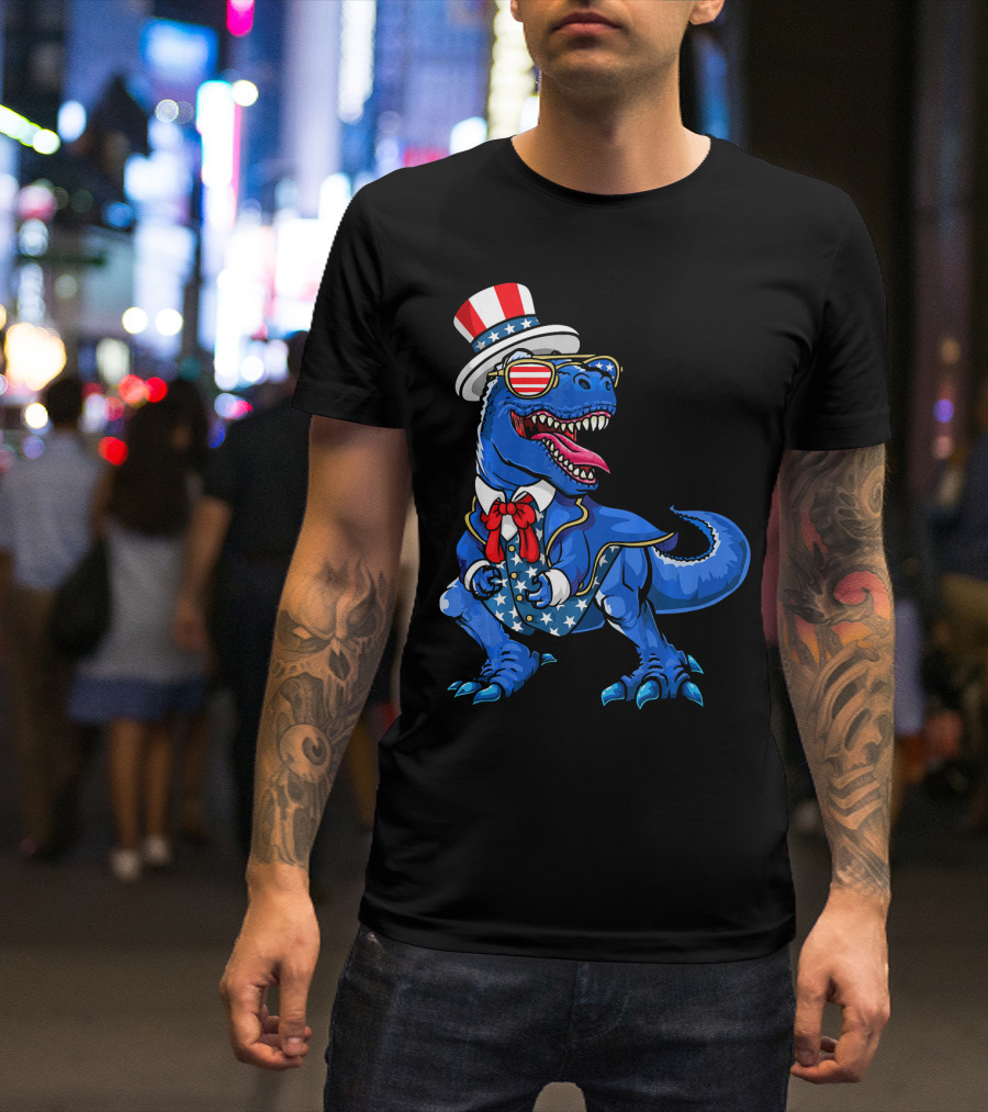 Patriotic Dinosaur With American Flag Hat And Glasses T-Shirt