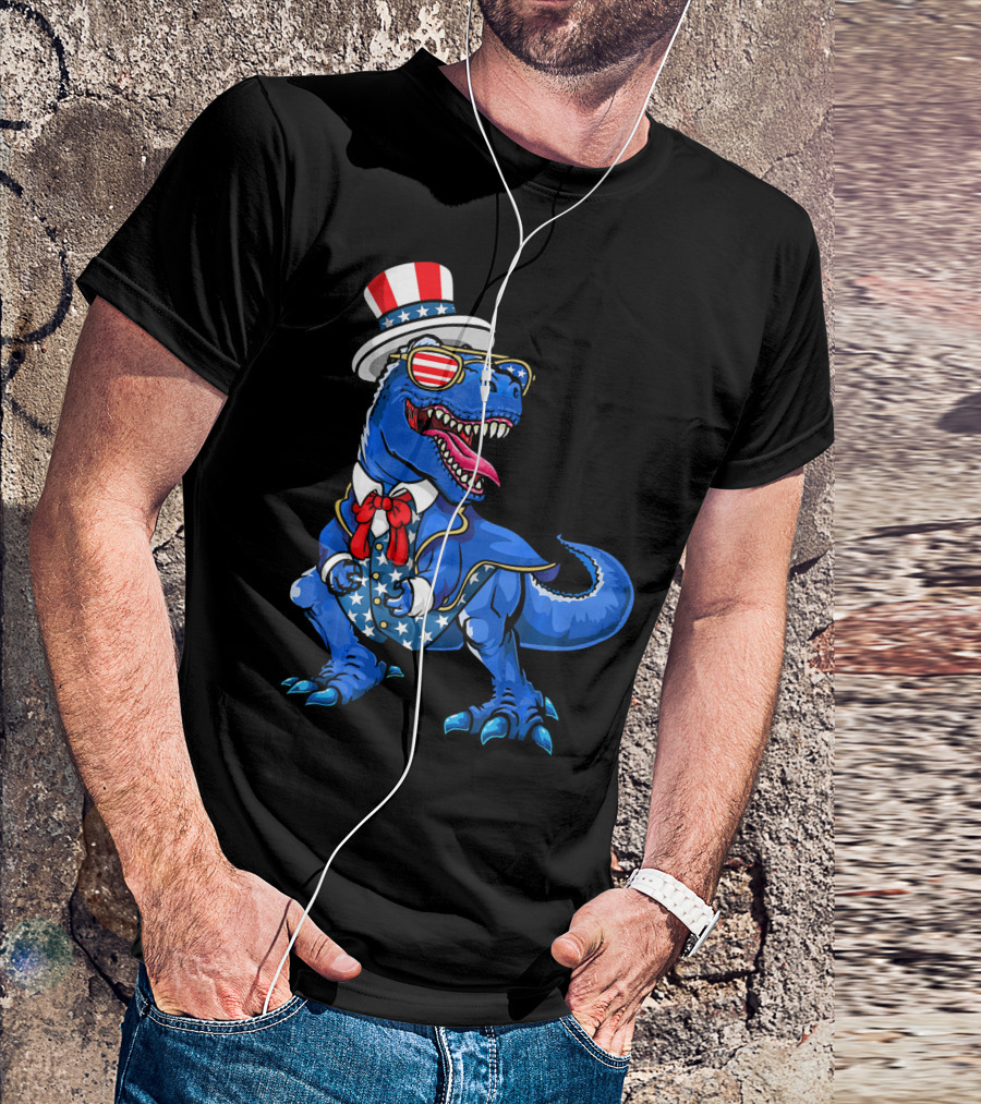 Patriotic Dinosaur With American Flag Hat And Glasses T-Shirt