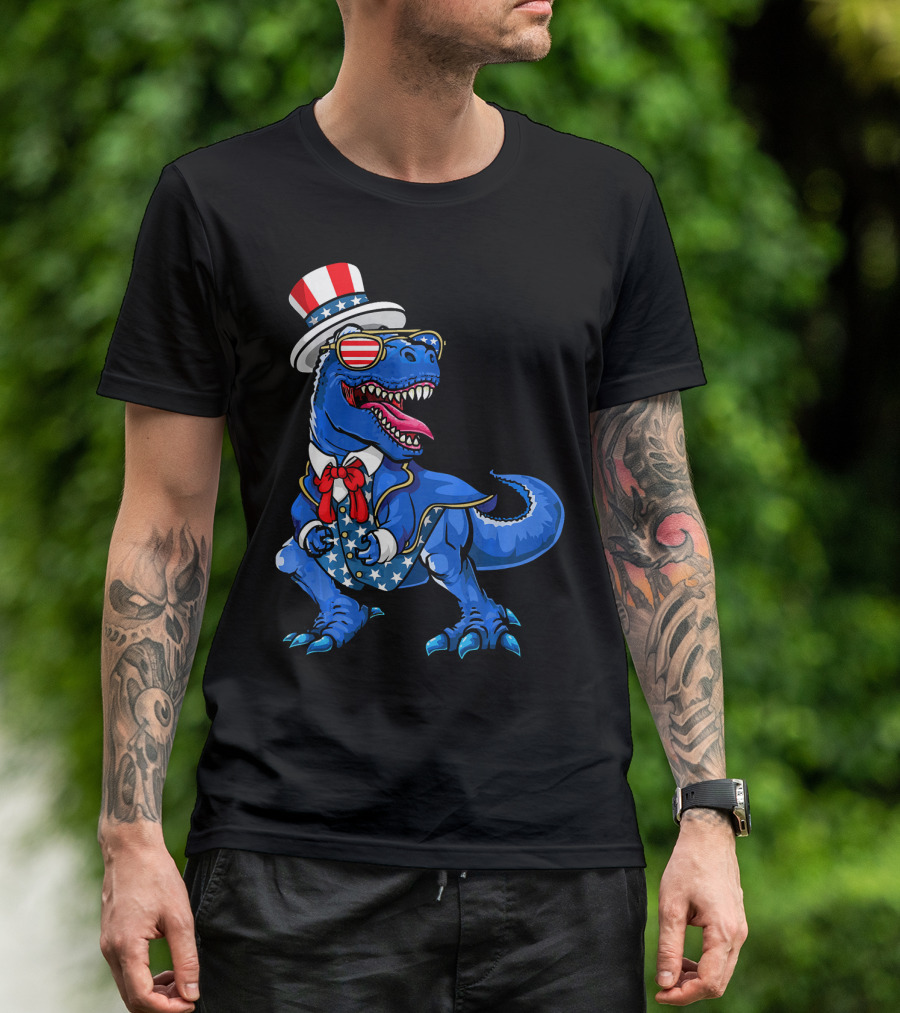Patriotic Dinosaur With American Flag Hat And Glasses T-Shirt