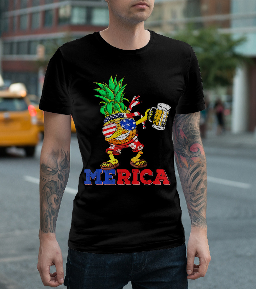 Merica Dabbing Pineapple US Flag Sunglasses Beer Mug Hawaiian Shorts T-Shirt