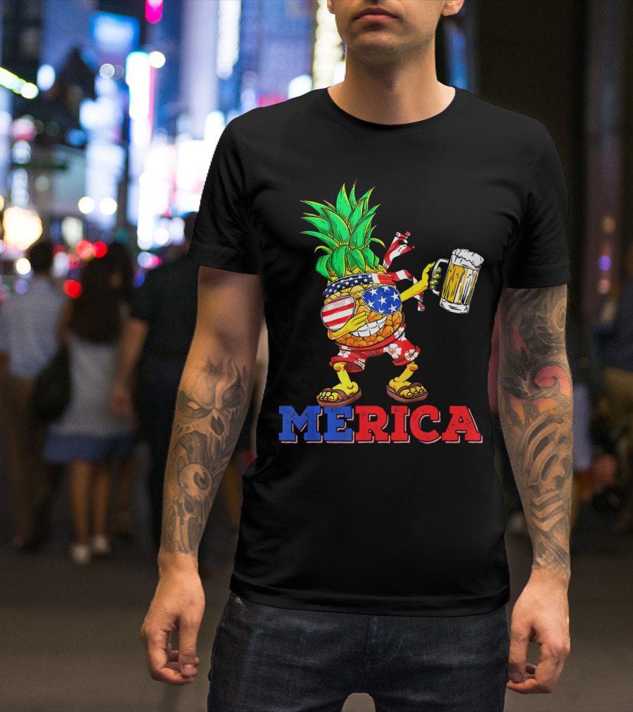 Merica Dabbing Pineapple US Flag Sunglasses Beer Mug Hawaiian Shorts T-Shirt