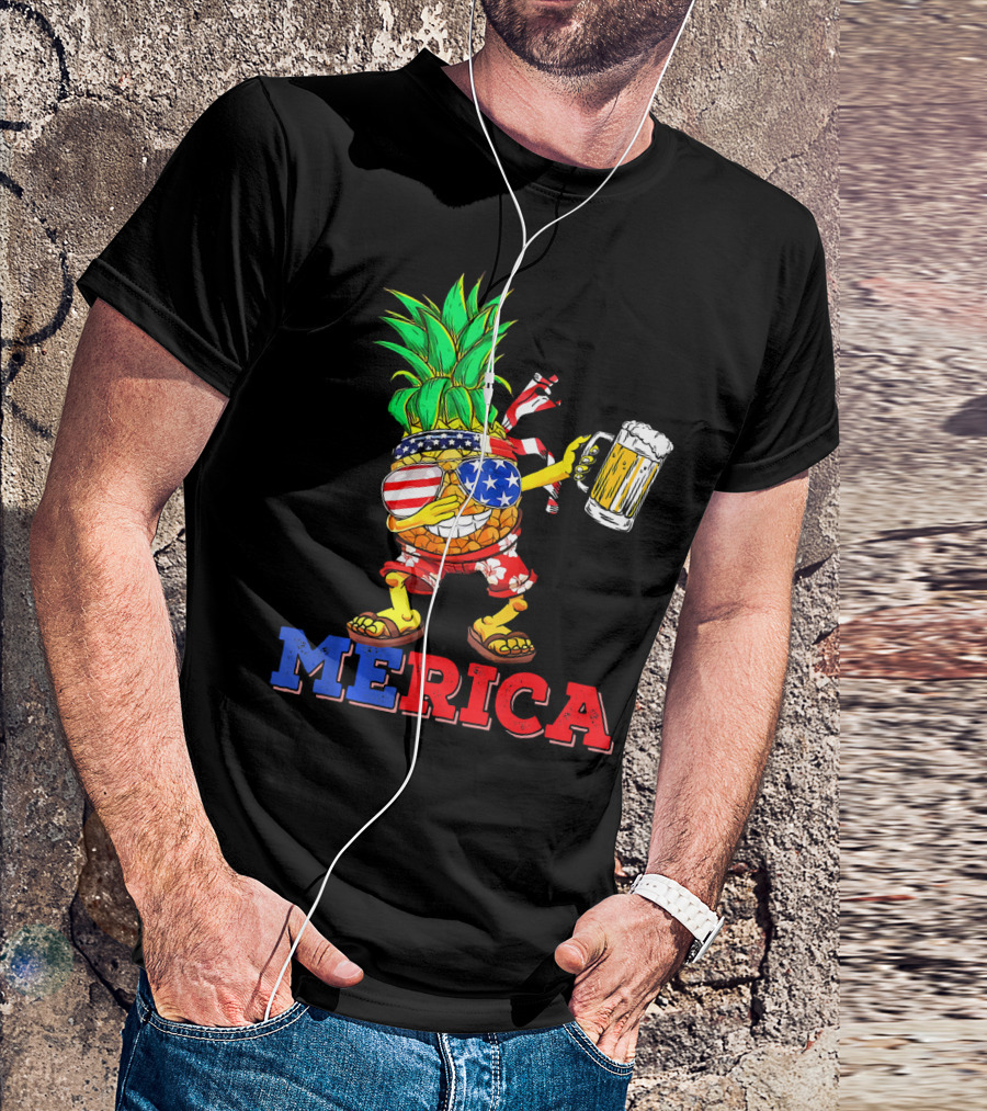 Merica Dabbing Pineapple US Flag Sunglasses Beer Mug Hawaiian Shorts T-Shirt