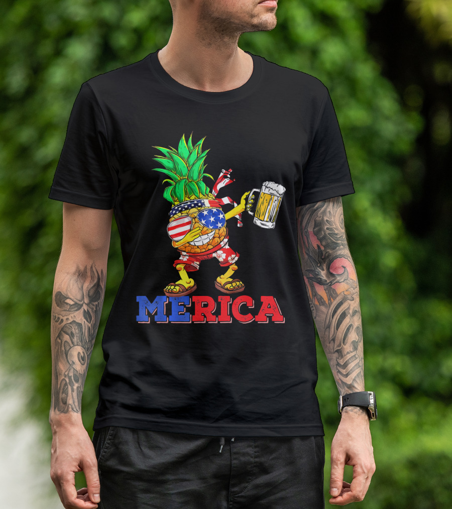 Merica Dabbing Pineapple US Flag Sunglasses Beer Mug Hawaiian Shorts T-Shirt