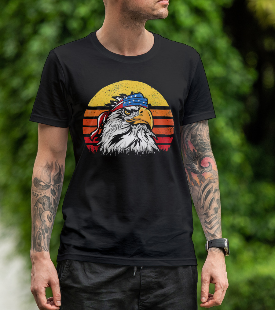 Retro Mullet Eagle With American Flag Bandana And Sunburst Patriotic T-Shirt