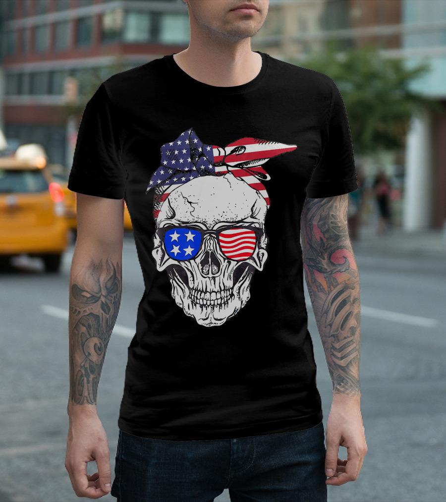 Patriotic Skull American Flag Bandana Sunglasses T-Shirt