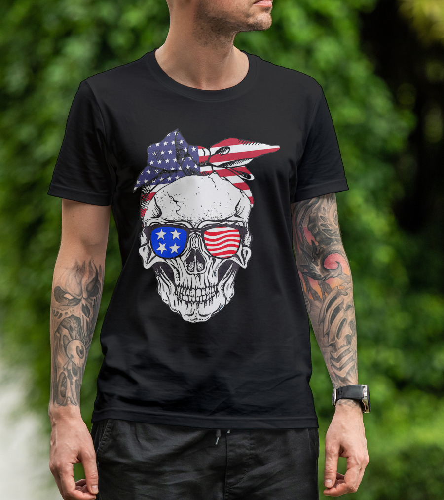 Patriotic Skull American Flag Bandana Sunglasses T-Shirt