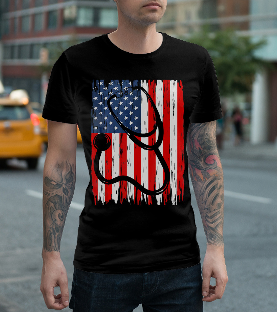 Nurse 4th Of July American Flag Stethoscope T-Shirt