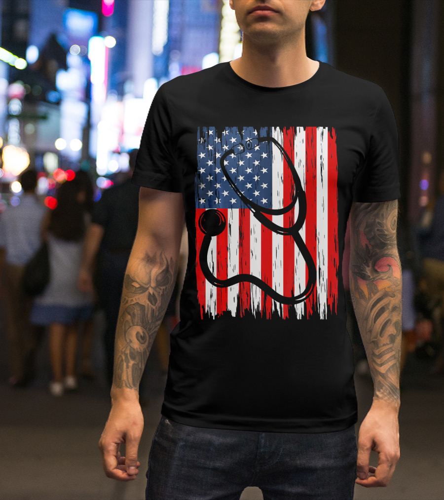 Nurse 4th Of July American Flag Stethoscope T-Shirt